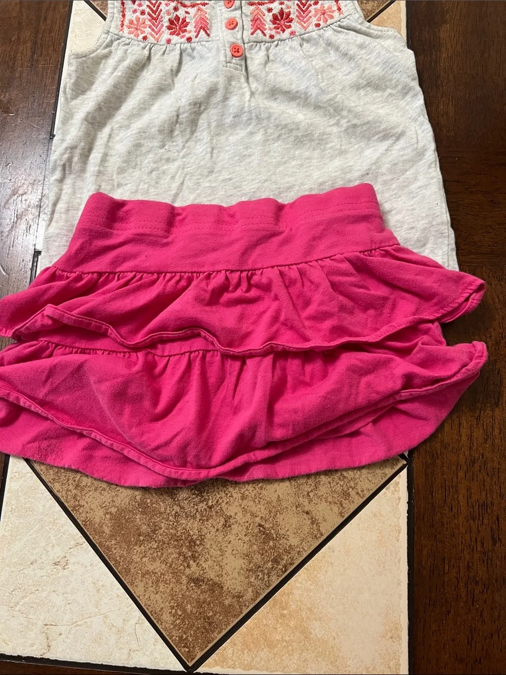 Gymboree Cream Tank Top with Pink Embroidered Yoke and Hot Pink Skirt Set